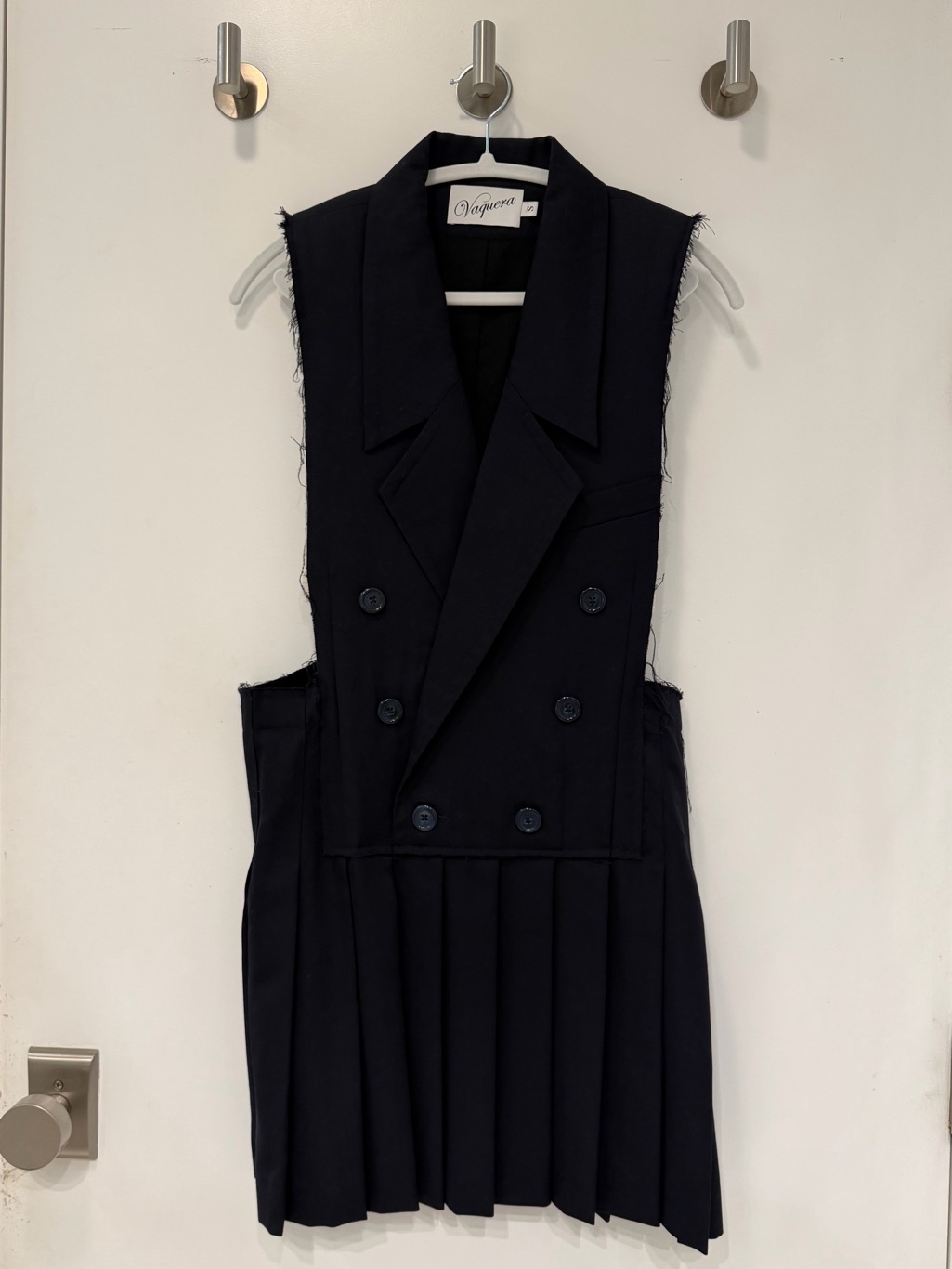 Vaquera Navy Blue Raw Edge Sleeveless Blazer Dress With Pleated Skirt